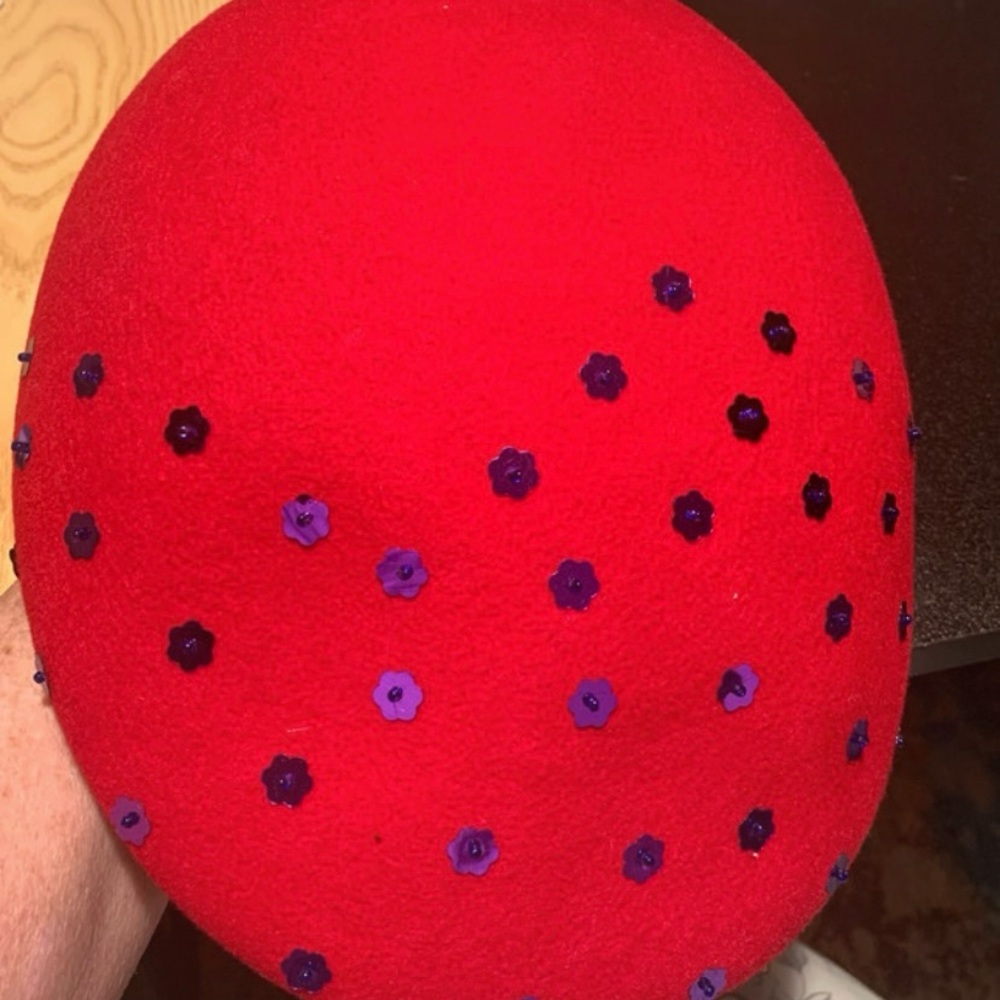 Red Embellished Felt Hat with Purple Sequin Flowers